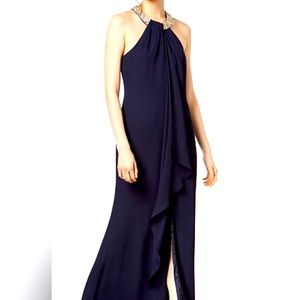 Calvin Klein Draped Chiffon Halter Gown